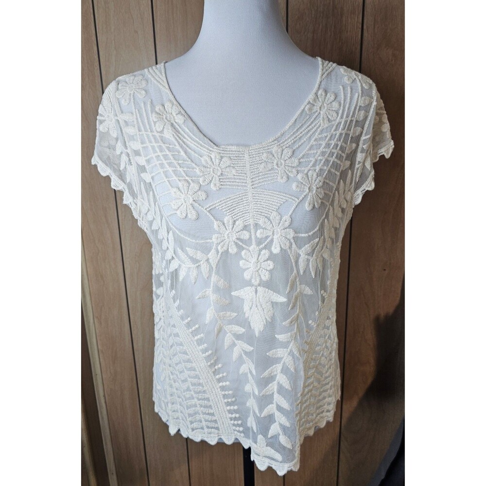Women's L Ivory Embroidered Mesh Boho Floral Sheer Short Sleeve Top Cottagecore